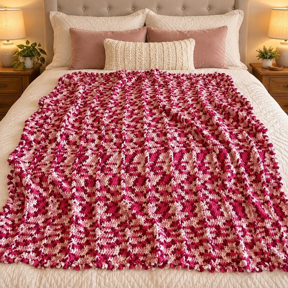 Vtg Handmade Crochet Afghan Ribbed Pink Weighty Throw Blanket Ruffled Edge 66x60